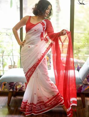 White linen floral print printed saree 2