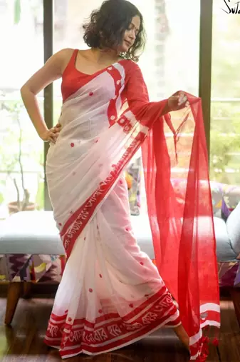 White linen floral print printed saree
