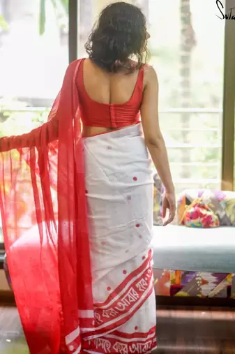White linen floral print printed saree