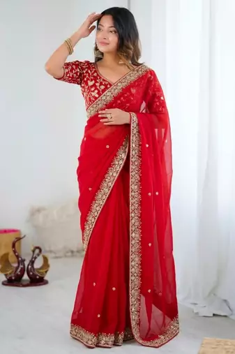 Red silk blend sequins work embroidered saree