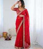 Red silk blend sequins work embroidered saree