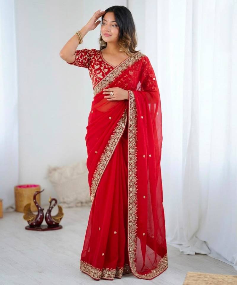 Red silk blend sequins work embroidered saree