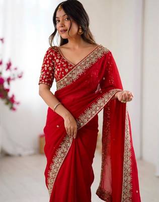 Red silk blend sequins work embroidered saree 3