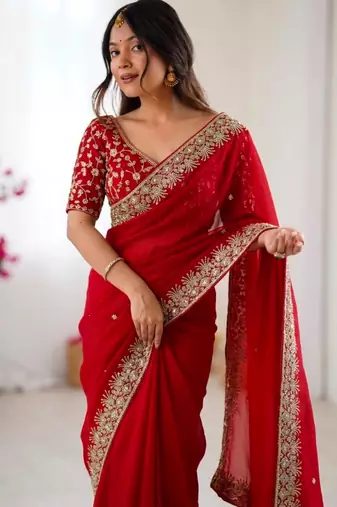 Red silk blend sequins work embroidered saree