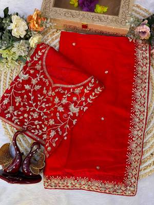 Red silk blend sequins work embroidered saree 4