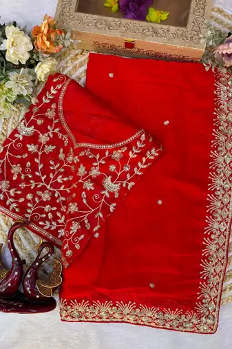Red silk blend sequins work embroidered saree
