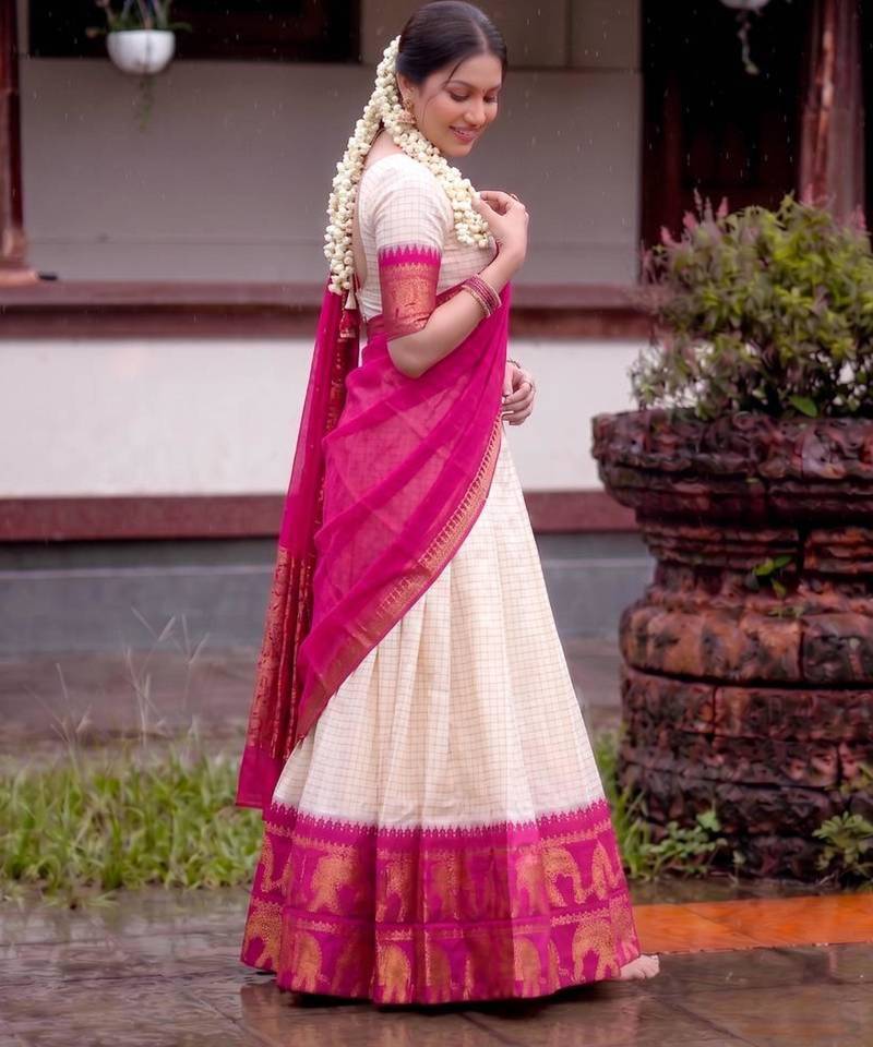 off white cotton poly embroidered designer lehenga-choli