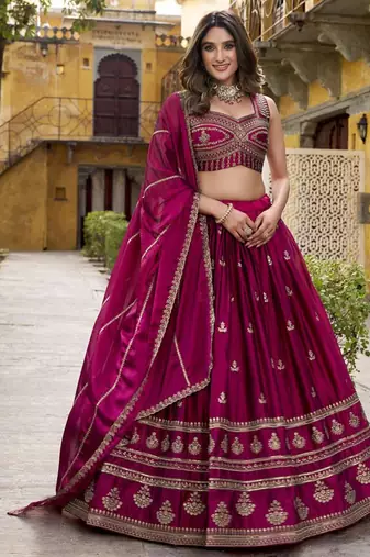 magenta silk blend embroidered designer lehenga-choli