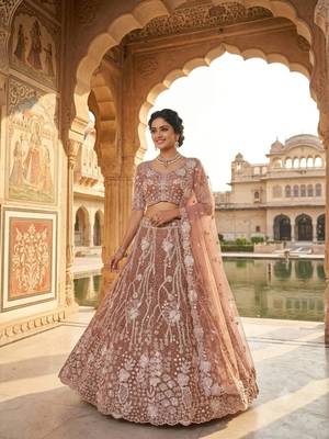 brown net embroidered traditional lehenga choli 1