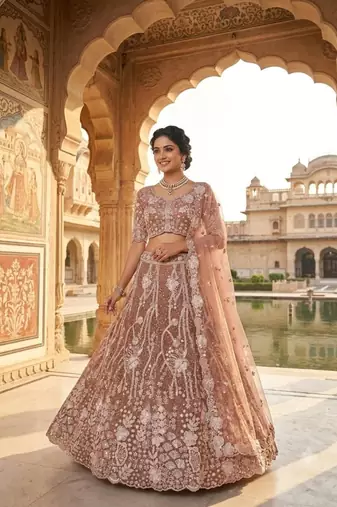 brown net embroidered traditional lehenga choli