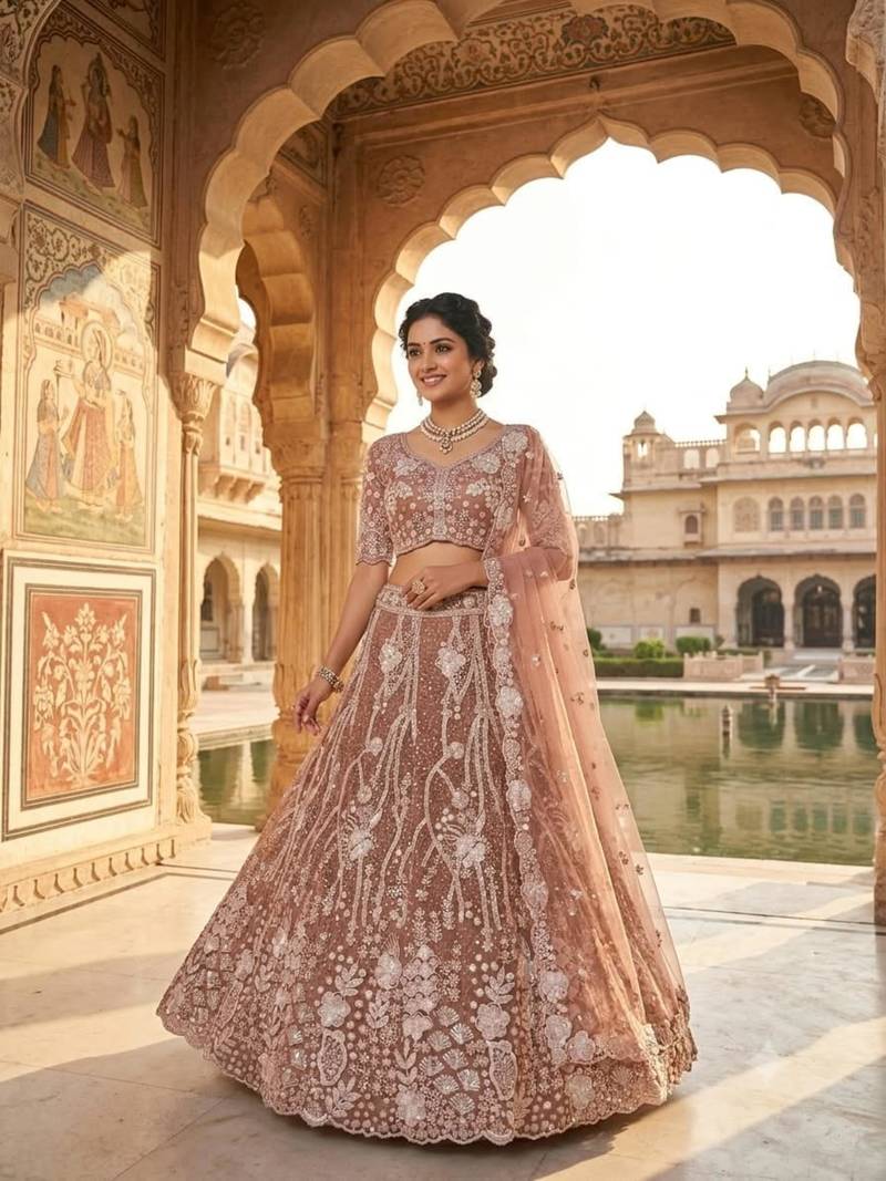 brown net embroidered traditional lehenga choli