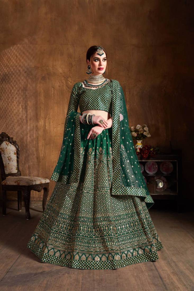 emerald silk blend embroidered traditional lehenga choli