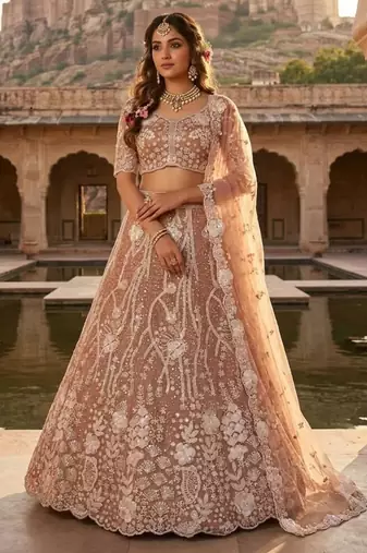 brown net embroidered traditional lehenga choli