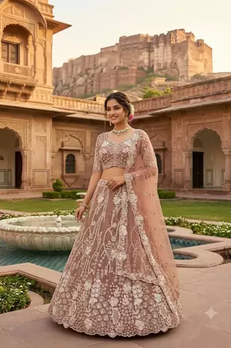 brown net embroidered traditional lehenga choli