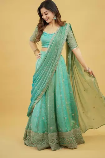 sea green silk blend embroidered traditional lehenga choli upto 44