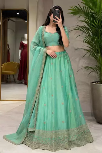 sea green silk blend embroidered traditional lehenga choli upto 44