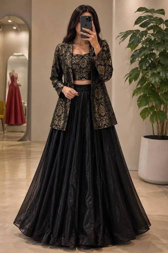 black crepe embroidered traditional lehenga choli upto 42