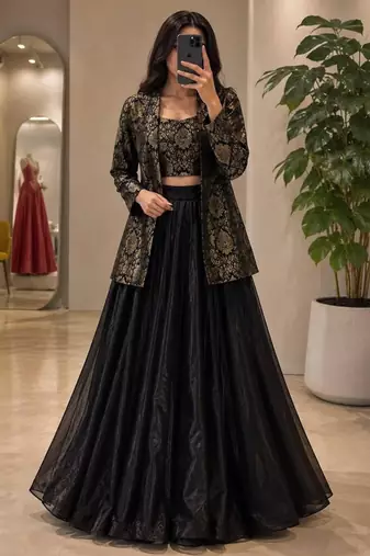 black crepe embroidered traditional lehenga choli upto 42
