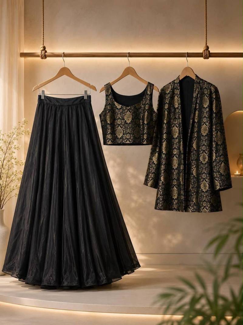 black crepe embroidered traditional lehenga choli upto 42