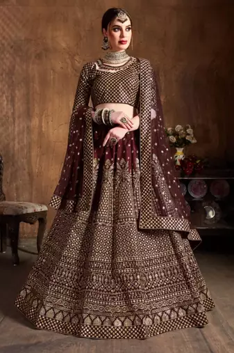 maroon silk blend embroidered traditional lehenga choli