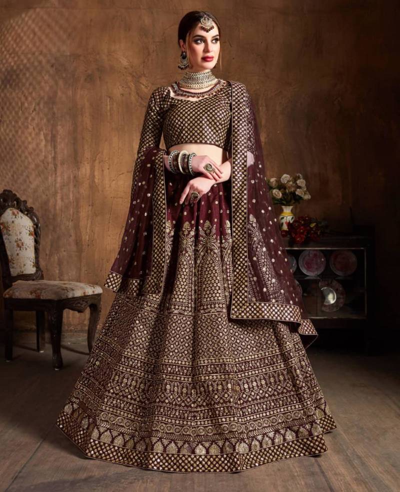 maroon silk blend embroidered traditional lehenga choli
