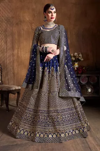 navy blue silk blend embroidered traditional lehenga choli