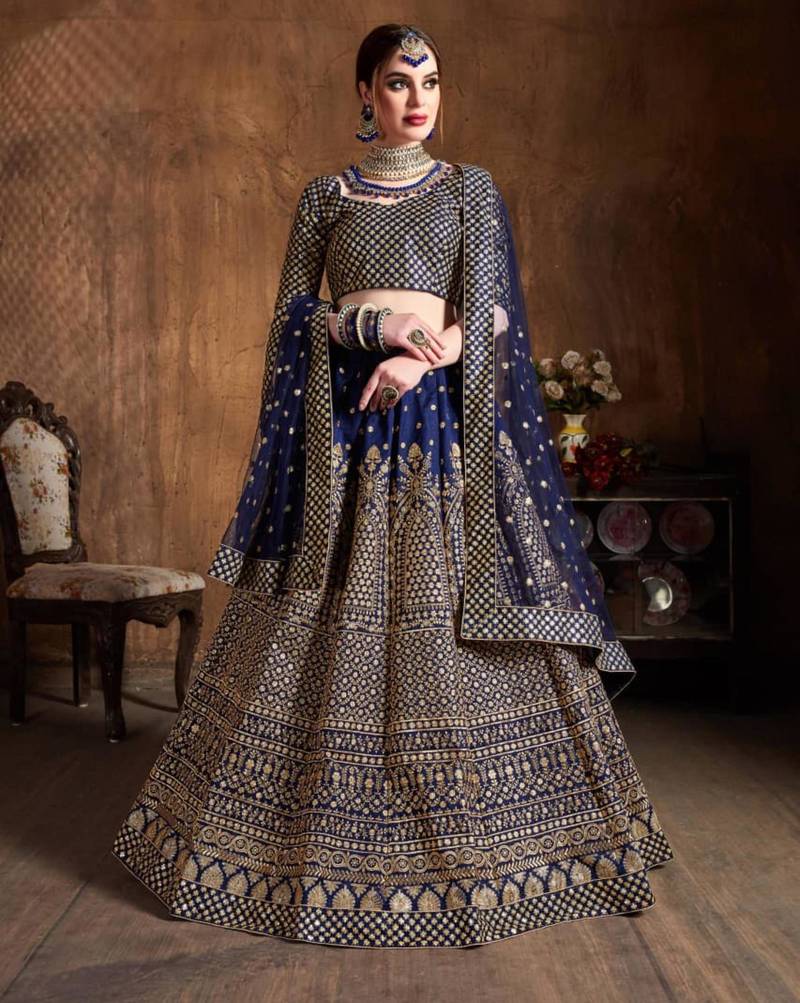 navy blue silk blend embroidered traditional lehenga choli