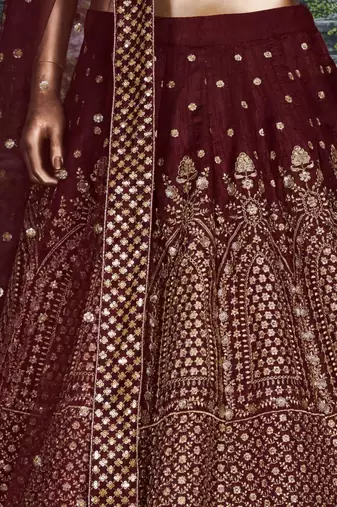 maroon silk blend embroidered traditional lehenga choli
