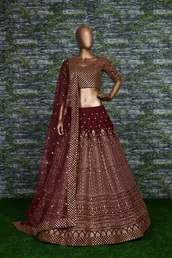 maroon silk blend embroidered traditional lehenga choli