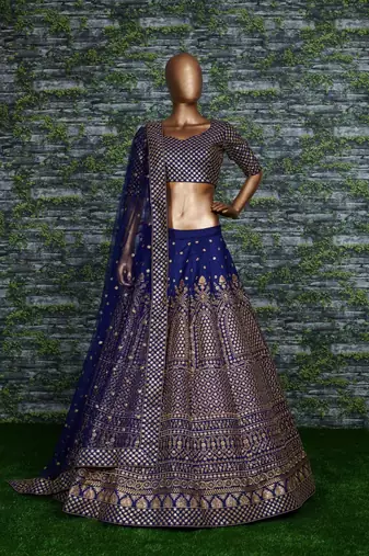 navy blue silk blend embroidered traditional lehenga choli