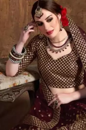 maroon silk blend embroidered traditional lehenga choli