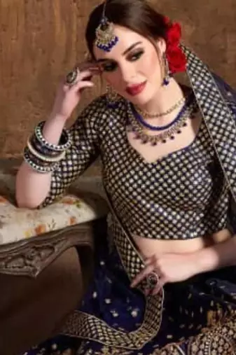 navy blue silk blend embroidered traditional lehenga choli