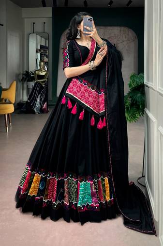 black cotton poly embroidered traditional lehenga choli upto 42