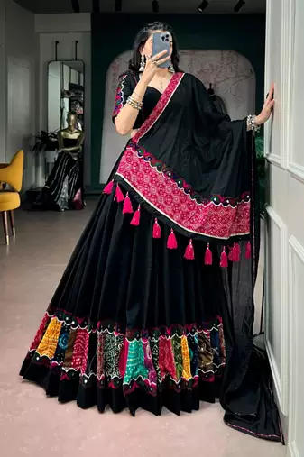 black cotton poly embroidered traditional lehenga choli upto 42