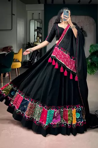 black cotton poly embroidered traditional lehenga choli upto 42