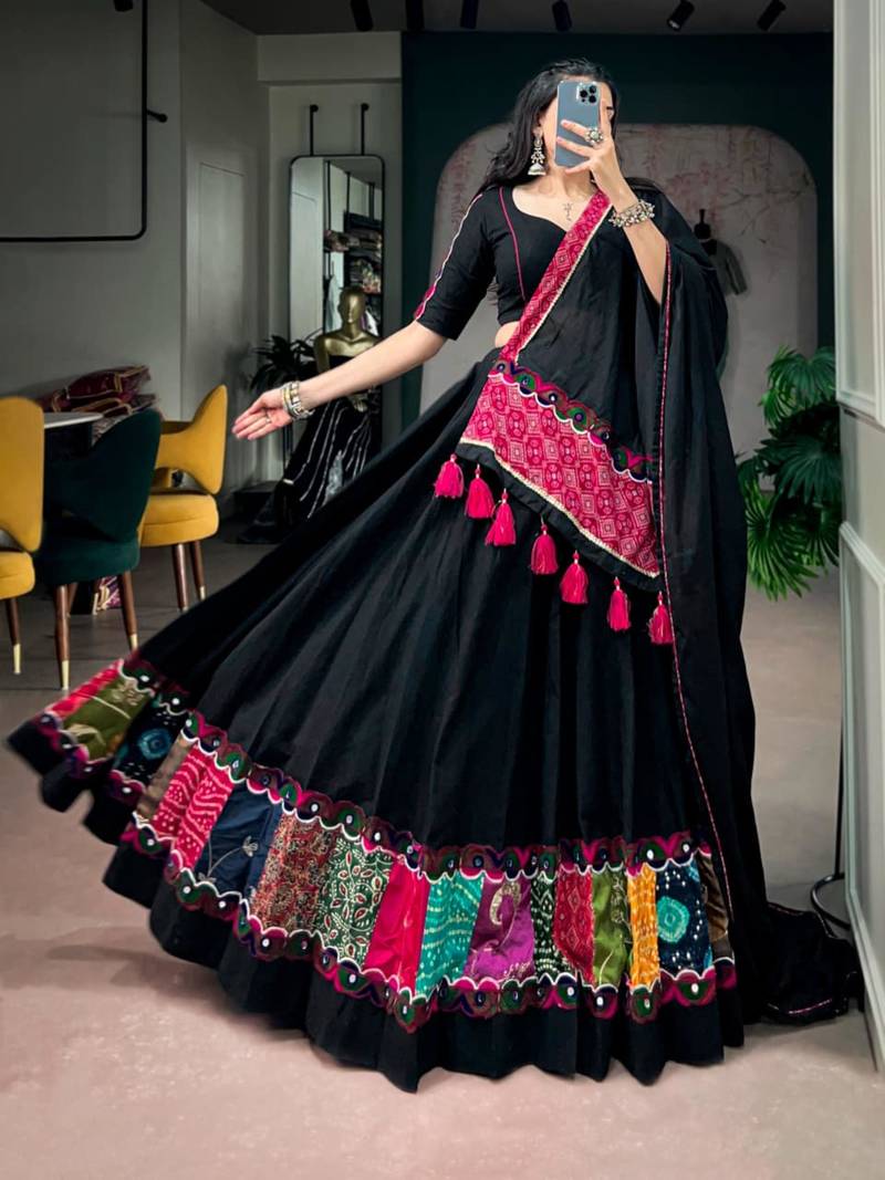 black cotton poly embroidered traditional lehenga choli upto 42
