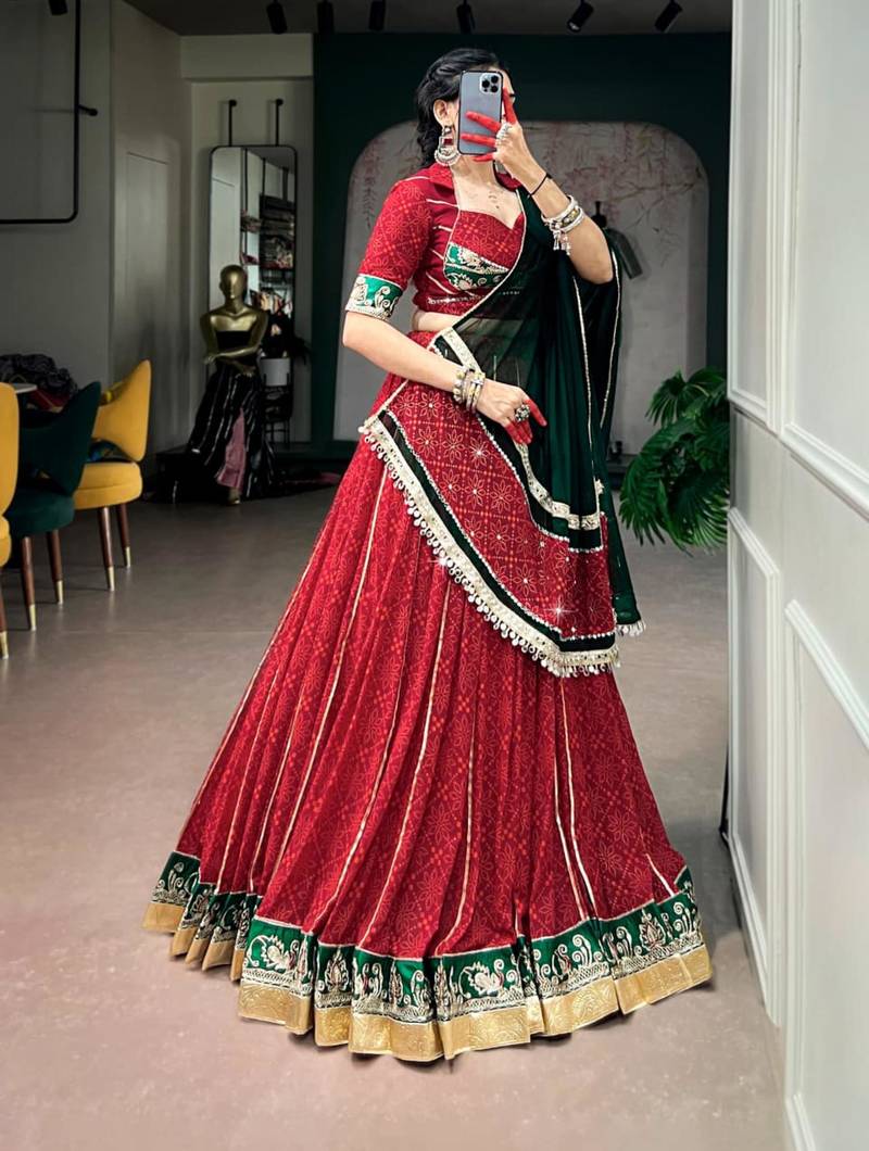 red georgette printed traditional lehenga choli upto 42
