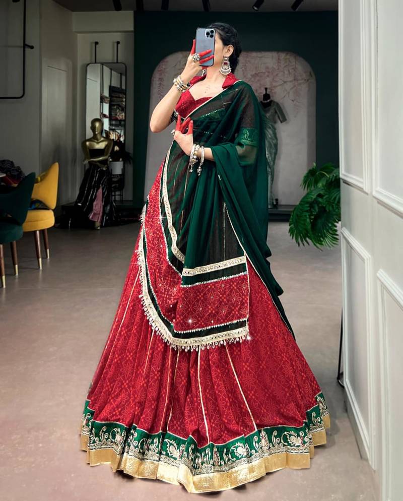red georgette printed traditional lehenga choli upto 42