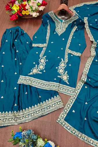 Sky green crep silk party wear embroidery suit set