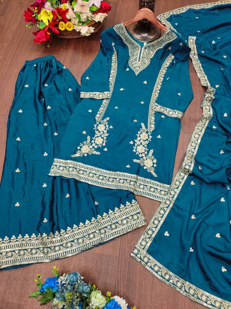 Sky green crep silk party wear embroidery suit set