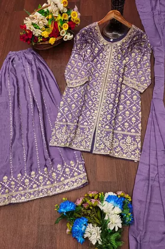 Light purple chinon silk party wear embroidery sharara suit