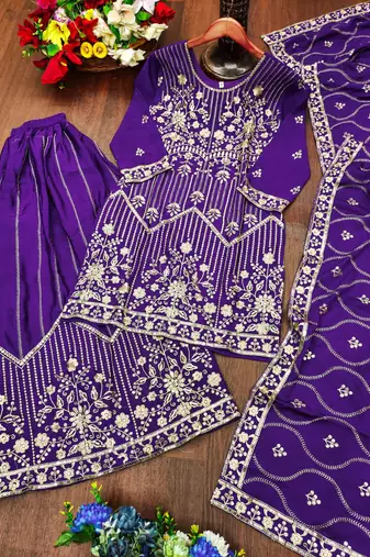 Purple  chinon silk party wear embroidery sharara suit set