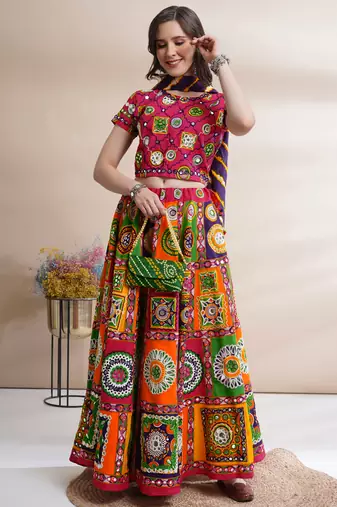 Women's Traditional Cotton Chaniya Choli Set with Dupatta  Free Size (upto 42)