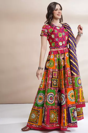Women's Traditional Cotton Chaniya Choli Set with Dupatta  Free Size (upto 42)