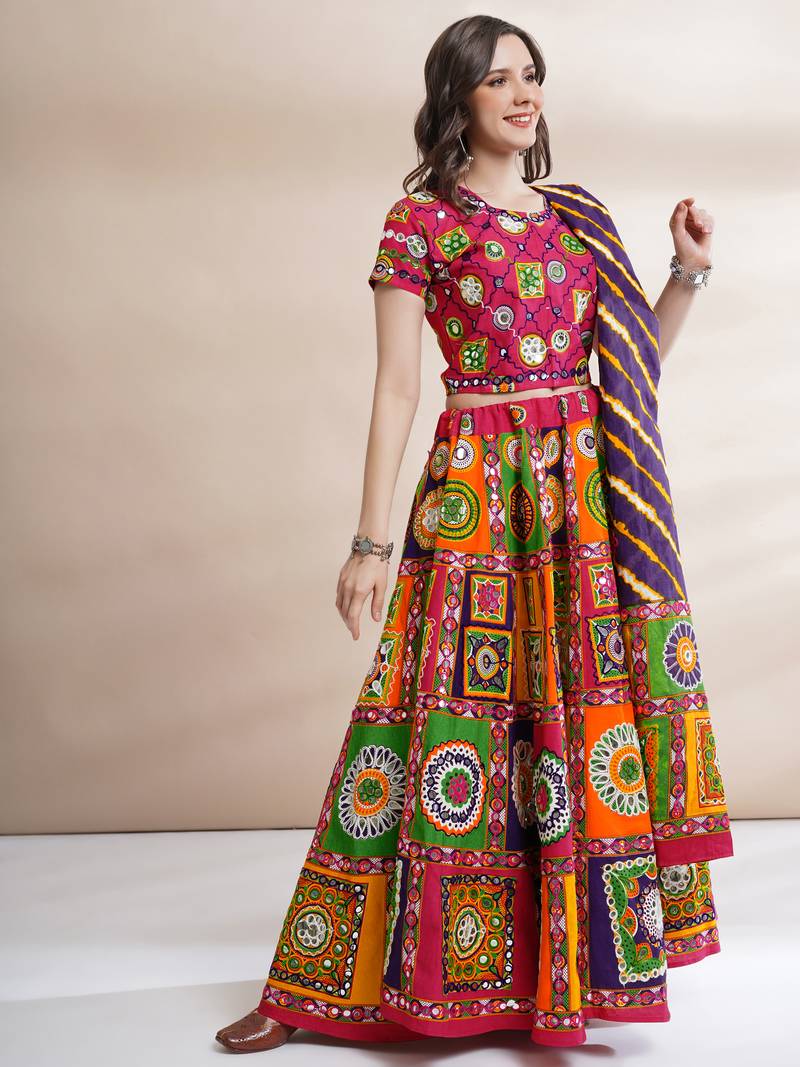 Women's Traditional Cotton Chaniya Choli Set with Dupatta  Free Size (upto 42)