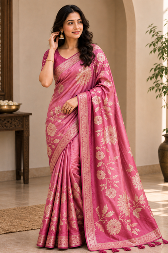 Pink Color Zari Weveing Work Georgette Saree