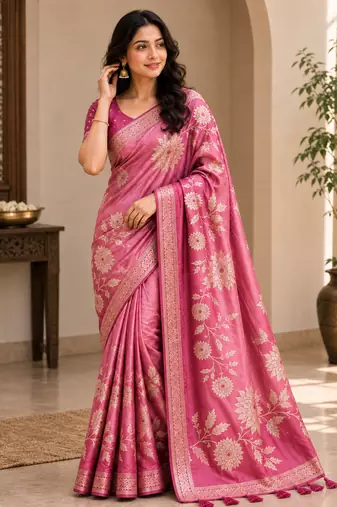 Pink Color Zari Weveing Work Georgette Saree