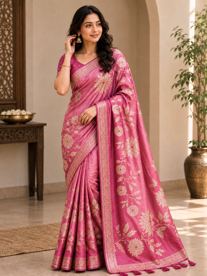Pink Color Zari Weveing Work Georgette Saree