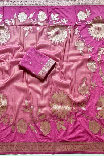 Pink Color Zari Weveing Work Georgette Saree