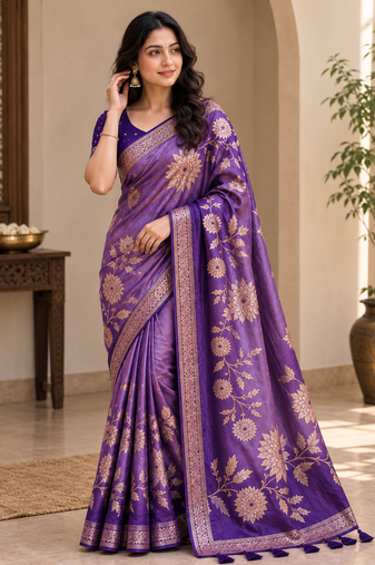 Purple Color Zari Weveing Work Georgette Saree
